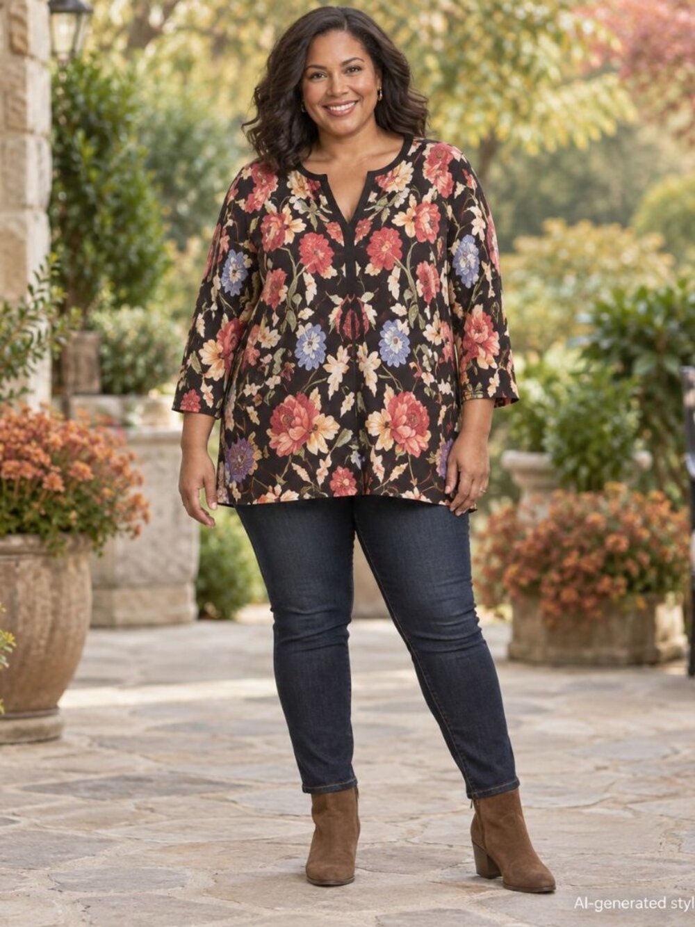 Soft Surroundings Floral Tunic Top 1X Black Boho Romantic Cottagecore